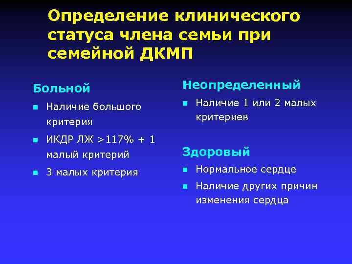 Определение клинического статуса члена семьи при семейной ДКМП Больной n Наличие большого Неопределенный n