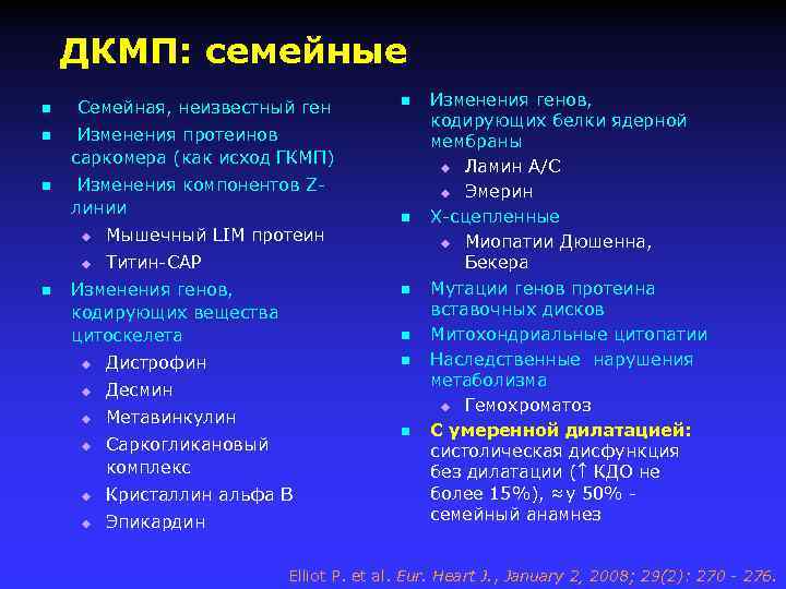 ДКМП: семейные n Семейная, неизвестный ген n Изменения протеинов саркомера (как исход ГКМП) n