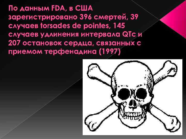 По данным FDA, в США зарегистрировано 396 смертей, 39 случаев torsades de pointes, 145