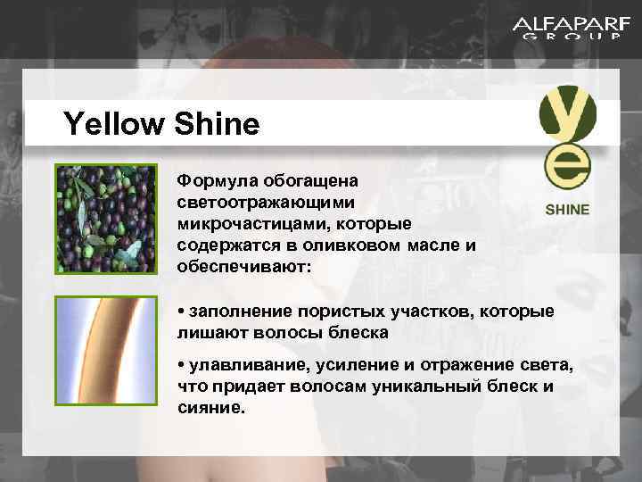 Yellow Shine Формула обогащена светоотражающими микрочастицами, которые содержатся в оливковом масле и обеспечивают: •