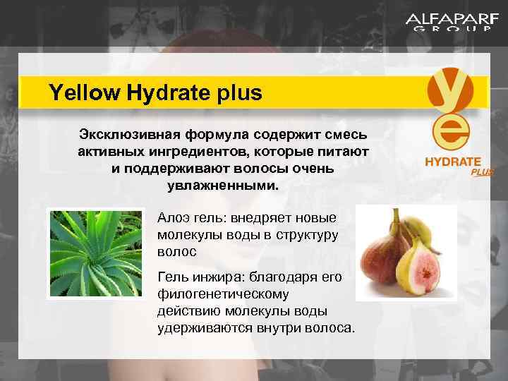 Yellow Hydrate plus Эксклюзивная формула содержит смесь активных ингредиентов, которые питают и поддерживают волосы