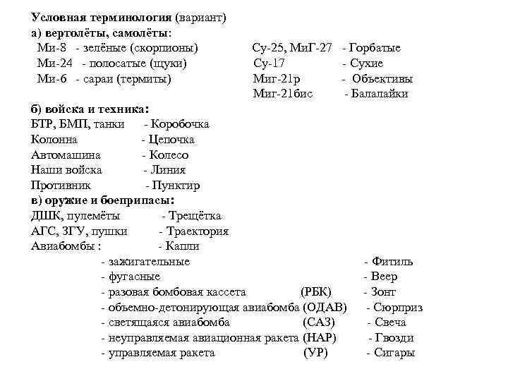 Условная терминология (вариант) а) вертолёты, самолёты: Ми 8 зелёные (скорпионы) Ми 24 полосатые (щуки)