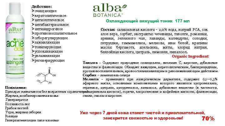 Действие: Øочищающие Øкератолитическое Øантисептическое Øантибактериальное Øантиандрогеное Øпротивовоспалительное Øсеборегулирующее Øзаживляющие Øтонизирующие Øуспокаивающие Øувлажняющие Øрегенерирующие Охлаждающий