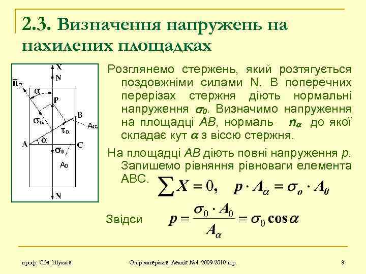 2. 3. Визначення напружень на нахилених площадках A A 0 Розглянемо стержень, який розтягується