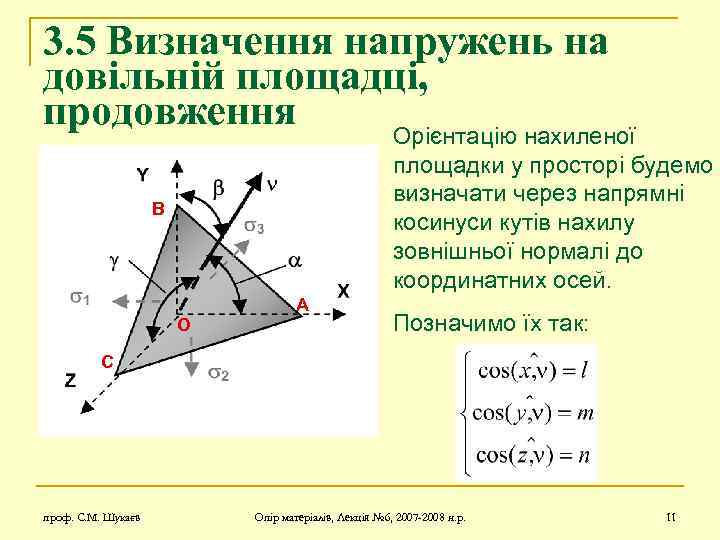 3. 5 Визначення напружень на довільній площадці, продовження Орієнтацію нахиленої площадки у просторі будемо