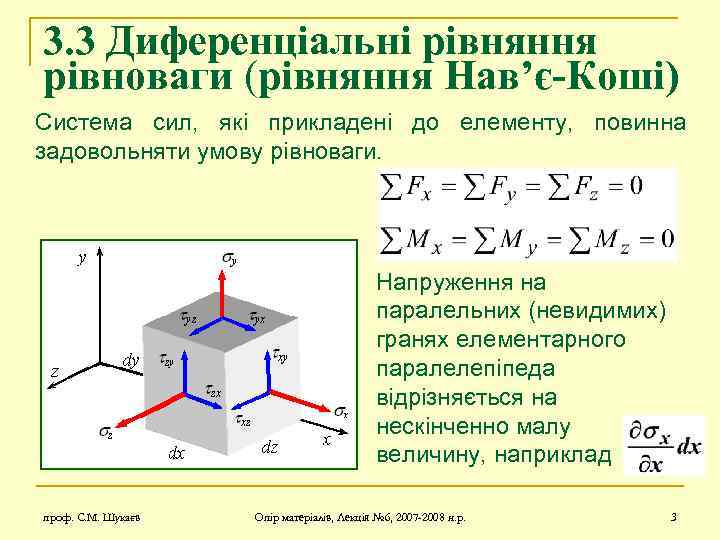 3. 3 Диференціальні рівняння рівноваги (рівняння Нав’є-Коші) Система сил, які прикладені до елементу, повинна