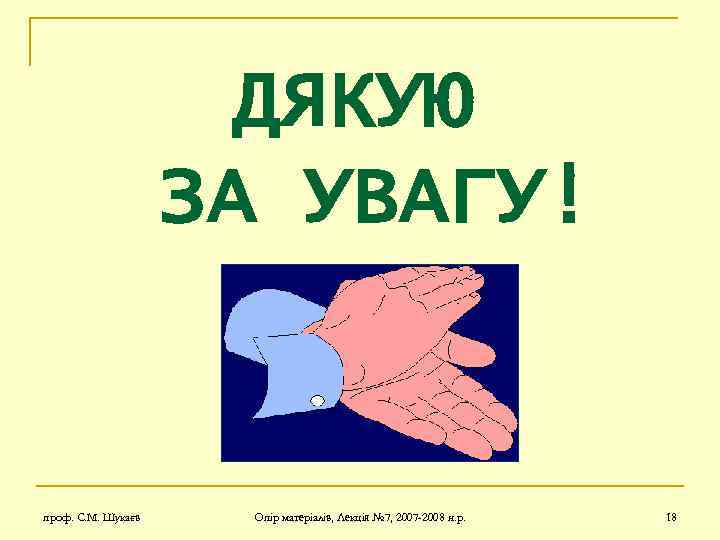 ДЯКУЮ ЗА УВАГУ! проф. С. М. Шукаєв Опір матеріалів, Лекція № 7, 2007 -2008