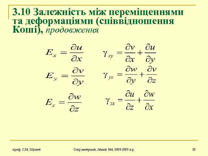 3. 10 Залежність між переміщеннями та деформаціями (співвідношення Коші), продовження проф. С. М. Шукаєв