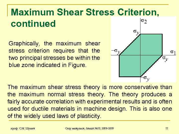 Maximum Shear Stress Criterion, continued Graphically, the maximum shear stress criterion requires that the