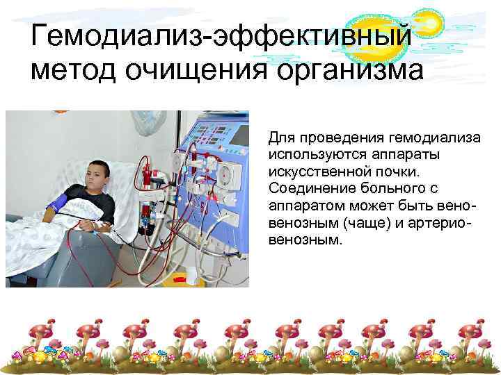 Гемодиализ-эффективный метод очищения организма Для проведения гемодиализа используются аппараты искусственной почки. Соединение больного с