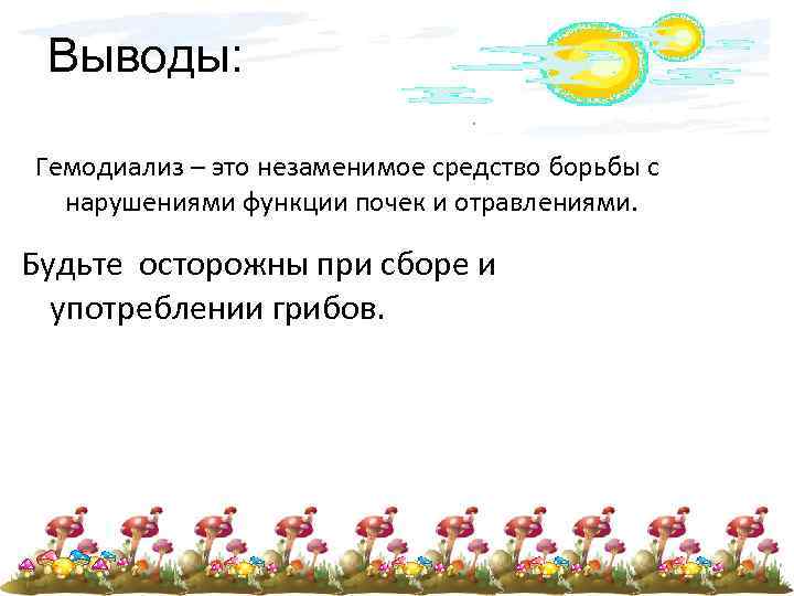 Выводы: Гемодиализ – это незаменимое средство борьбы с нарушениями функции почек и отравлениями. Будьте