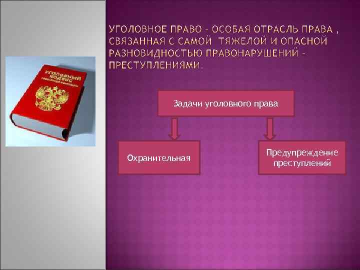 Задачи уголовного права Охранительная Предупреждение преступлений 