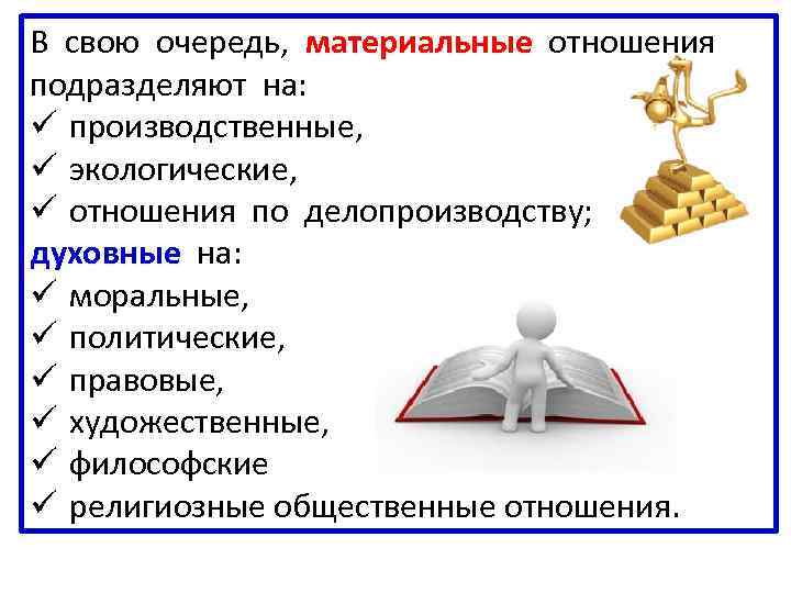 В свою очередь, материальные отношения подразделяют на: ü производственные, ü экологические, ü отношения по