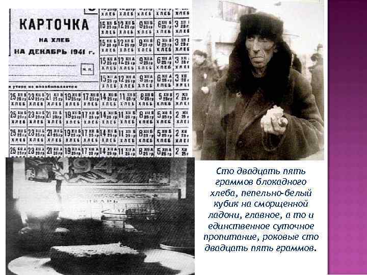 Сто двадцать пять граммов блокадного хлеба, пепельно-белый кубик на сморщенной ладони, главное, а то