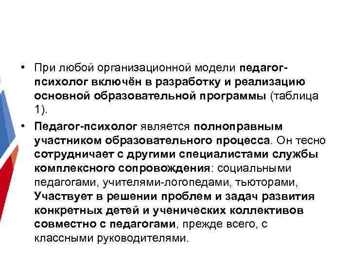  • При любой организационной модели педагогпсихолог включён в разработку и реализацию основной образовательной