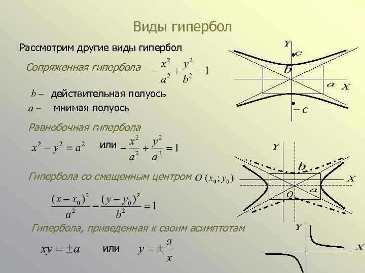 Виды гипербол Рассмотрим другие виды гипербол Сопряженная гипербола действительная полуось мнимая полуось Равнобочная гипербола