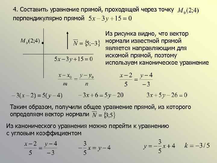 4. Составить уравнение прямой, проходящей через точку перпендикулярно прямой Из рисунка видно, что вектор