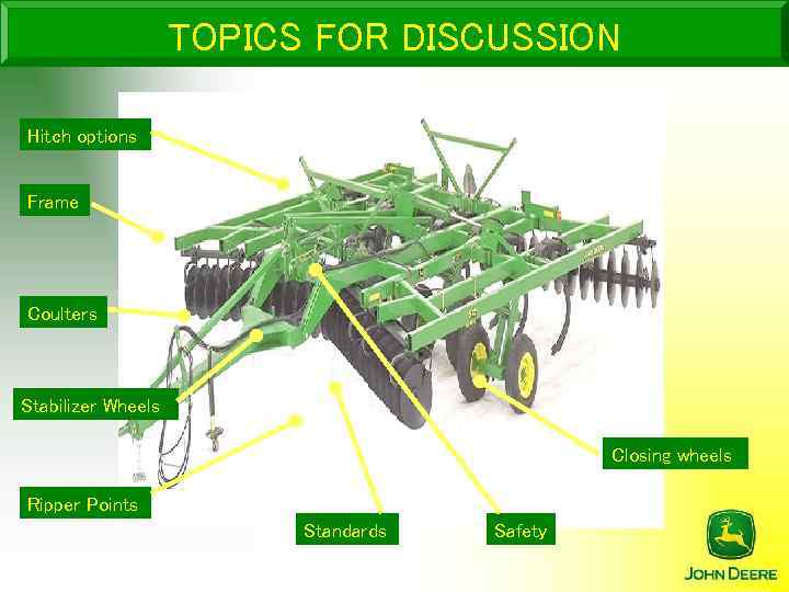 TOPICS FOR DISCUSSION Hitch options Frame Coulters Stabilizer Wheels Closing wheels Ripper Points Standards