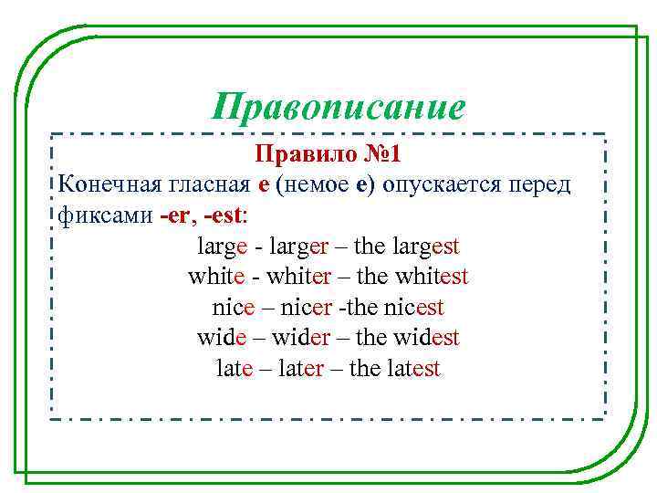 Правописание Правило № 1 Конечная гласная е (немое е) опускается перед фиксами -еr, -est: