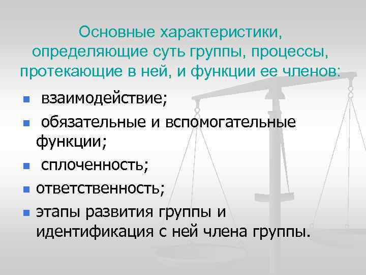 Основные характеристики, определяющие суть группы, процессы, протекающие в ней, и функции ее членов: n