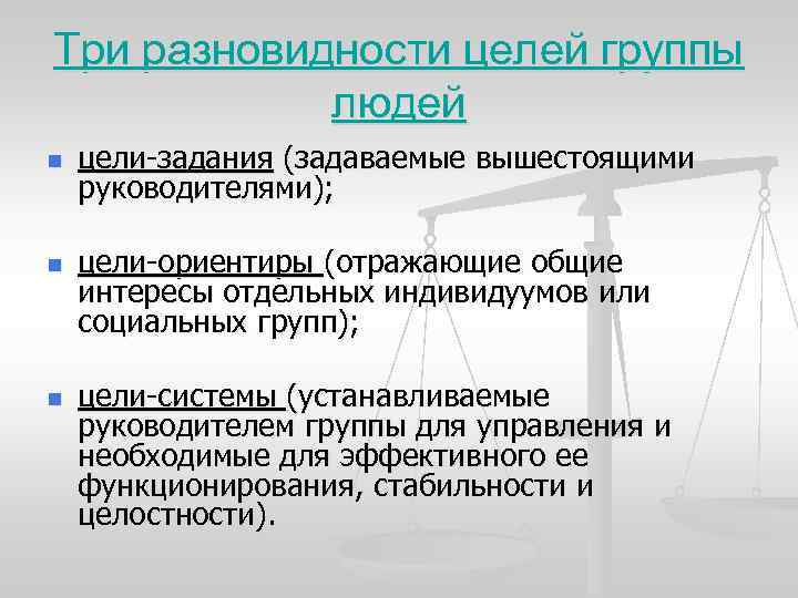 Три разновидности целей группы людей n n n цели-задания (задаваемые вышестоящими руководителями); цели-ориентиры (отражающие