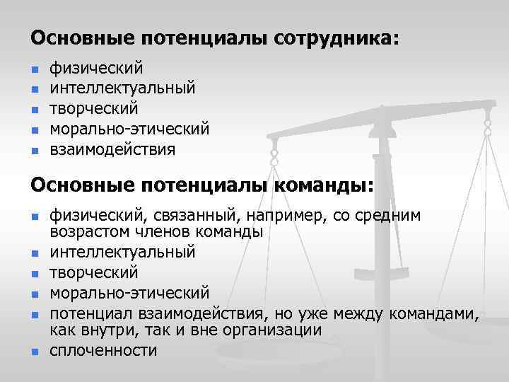 Основные потенциалы сотрудника: n n n физический интеллектуальный творческий морально-этический взаимодействия Основные потенциалы команды: