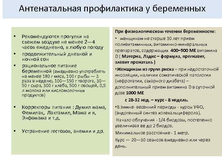 Антенатальная профилактика у беременных • • • Рекомендуются прогулки на свежем воздухе не менее