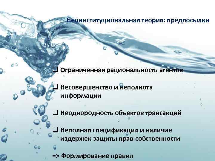 Неоинституциональная теория: предпосылки q Ограниченная рациональность агентов q Несовершенство и неполнота информации q Неоднородность