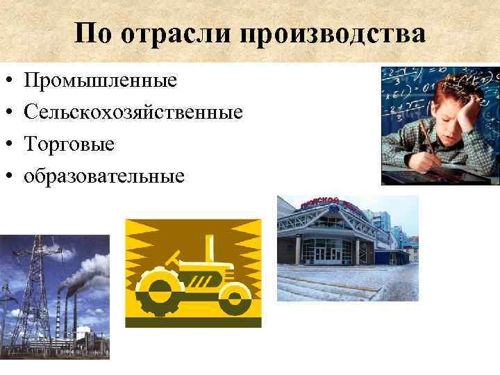 По отрасли производства • • Промышленные Сельскохозяйственные Торговые образовательные 