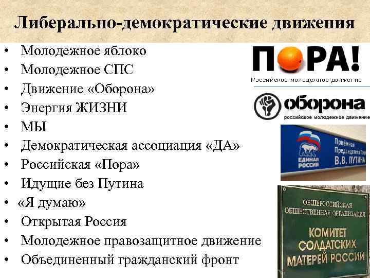 Либерально-демократические движения • • • Молодежное яблоко Молодежное СПС Движение «Оборона» Энергия ЖИЗНИ МЫ
