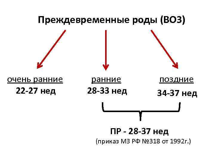 Преждевременные роды (ВОЗ) очень ранние 22 -27 нед ранние 28 -33 нед поздние 34