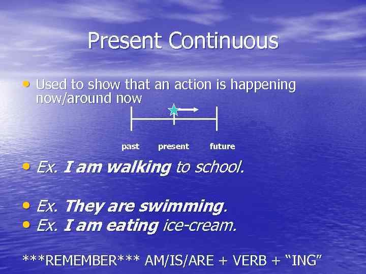 Present Continuous • Used to show that an action is happening now/around now past