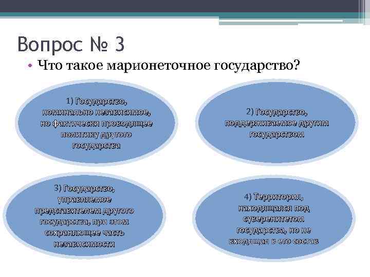 Вопрос № 3 • Что такое марионеточное государство? 1) Государство, номинально независимое, но фактически