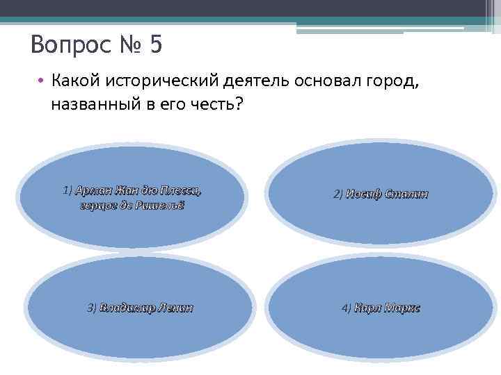 Вопрос № 5 • Какой исторический деятель основал город, названный в его честь? 1)