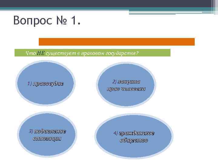 Вопрос № 1. Что НЕ существует в правовом государстве? 1) правосудие 3) подавление оппозиции