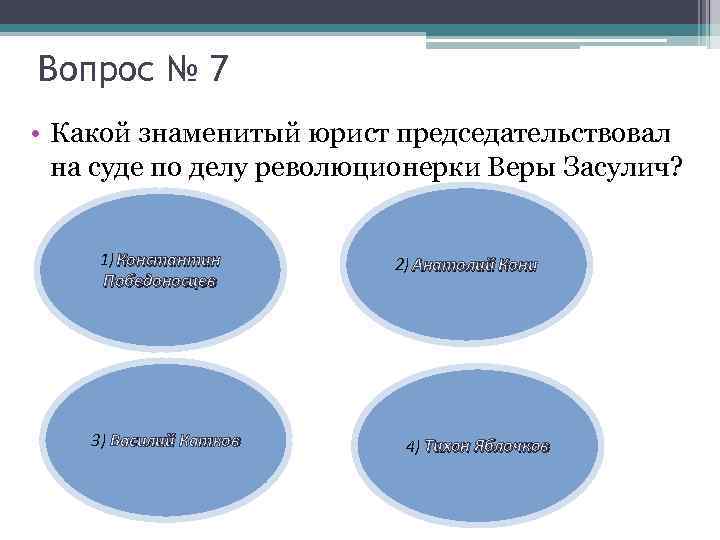 Вопрос № 7 • Какой знаменитый юрист председательствовал на суде по делу революционерки Веры