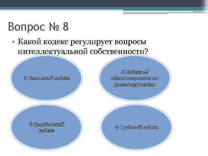 Вопрос № 8 • Какой кодекс регулирует вопросы интеллектуальной собственности? 1) Уголовный кодекс 3)