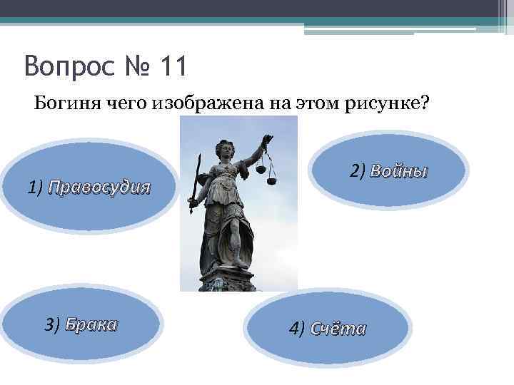 Вопрос № 11 Богиня чего изображена на этом рисунке? 1) Правосудия 3) Брака 2)