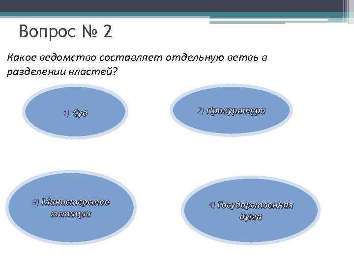 Вопрос № 2 Какое ведомство составляет отдельную ветвь в разделении властей? 1) Суд 3)