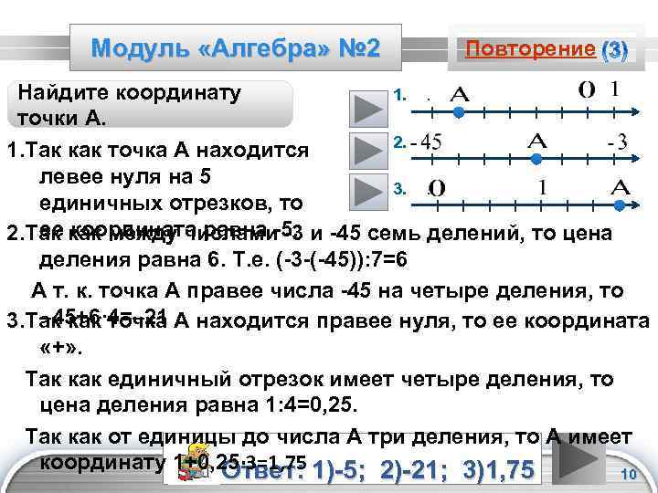 Модуль «Алгебра» № 2 Повторение Найдите координату 1. . точки А. 2. . 1.