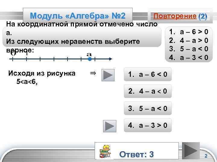 Модуль «Алгебра» № 2 Повторение На координатной прямой отмечено число 1. а – 6