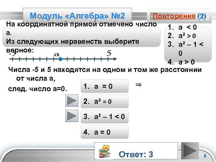 Модуль «Алгебра» № 2 Повторение На координатной прямой отмечено число 1. а < 0