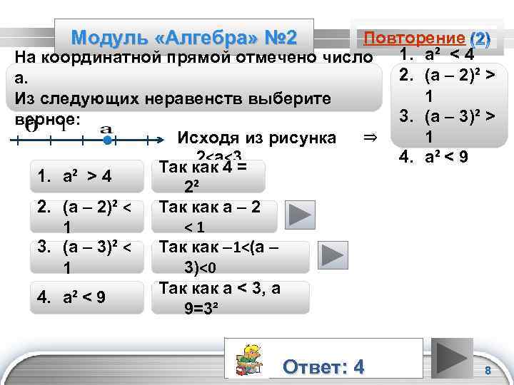 Модуль «Алгебра» № 2 Повторение 1. а² < 4 На координатной прямой отмечено число