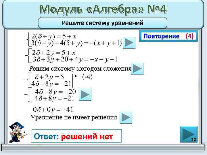 Модуль «Алгебра» № 4 Решите систему уравнений Повторение (4) Решим систему методом сложения •