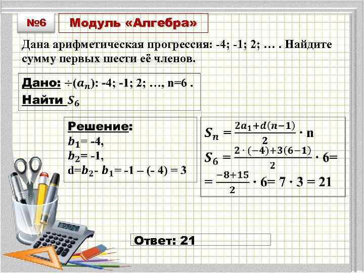 № 6 Модуль «Алгебра» Дана арифметическая прогрессия: -4; -1; 2; …. Найдите сумму первых