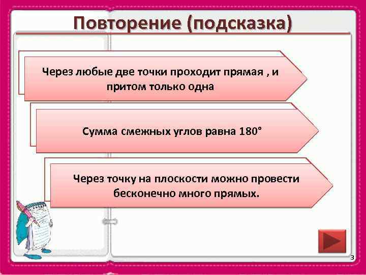 Повторение (подсказка) Сформулируйте аксиому о взаимном Через любые две точки проходит прямая , и