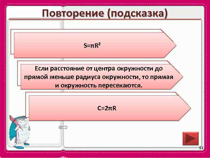 Повторение (подсказка) По какой формуле можно вычислить площадь S=πR² круга? Если расстояние от центра