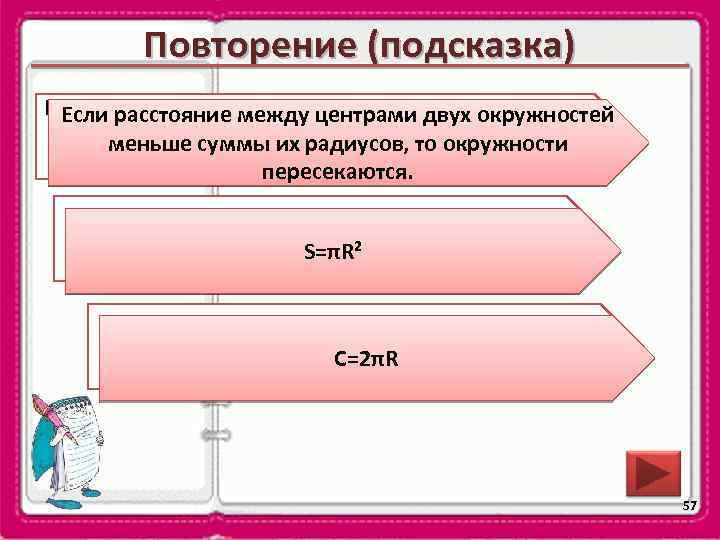 Повторение (подсказка) Каковорасстояниеположение двух окружностей, если Если взаимное между центрами двух окружностей расстояние между