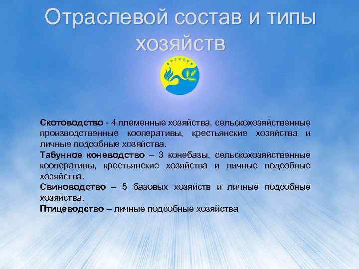 Отраслевой состав и типы хозяйств Скотоводство - 4 племенные хозяйства, сельскохозяйственные производственные кооперативы, крестьянские