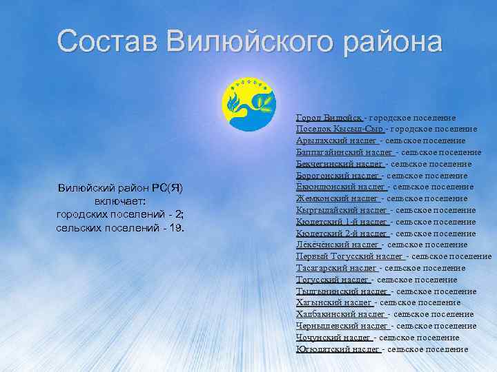 Состав Вилюйского района Вилюйский район РС(Я) включает: городских поселений - 2; сельских поселений -